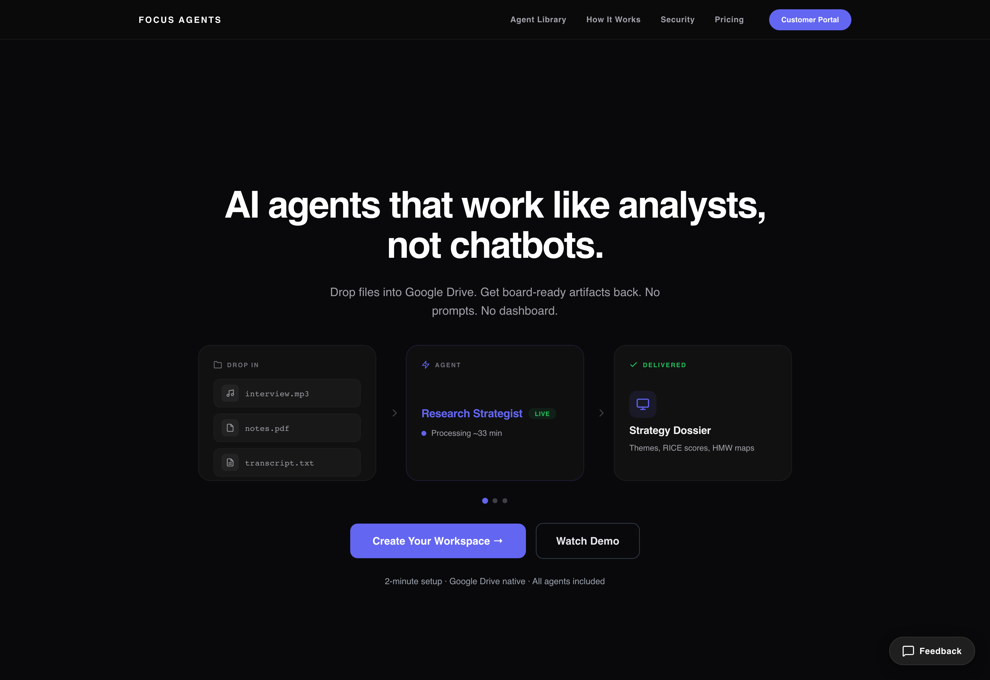 Focus Agents homepage — AI agents that work like analysts, not chatbots